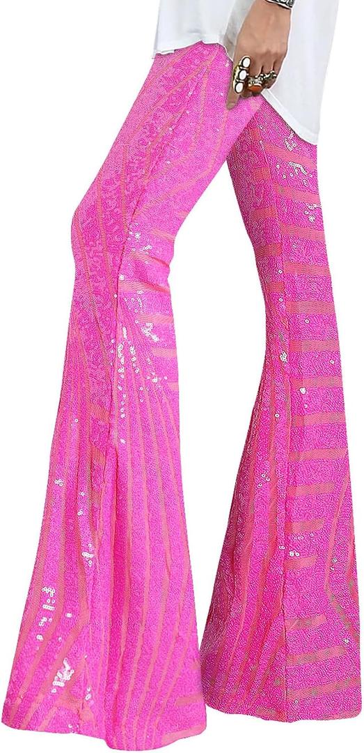 EVALESS Women Sequin Pants Sparkly Glitter High Waisted Wide Leg Flare Trousers Bell Bottom Night Out Clubwear, M