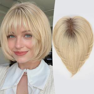 HAIRCUBE 10-Inch Human Hair Topper for Women 6.5x6.5 Inch Silk Base, Ombre Light Blonde Side - parted Short Bob with Bangs Thinning Hair Solution, Covers Gray Roots, Natural & Breathable