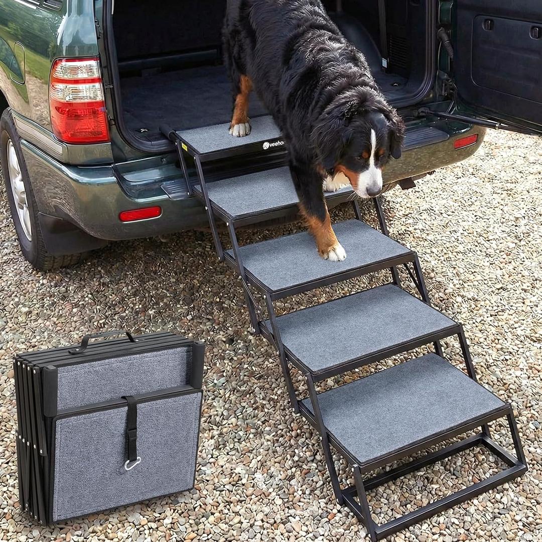 Veehoo Foldable Dog Steps for Car Truck, Large Dogs Stairs Extra Wide 20" | 5 Steps Folding Dog Ramp for Cars Trucks SUVs Collapsible Portable Pet Doggie Ramps Ladder Non Slip for Vehicle, Up to 200lbs, Extra Wide 20"W, 5 Steps 