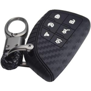 Carbon Silicone 6 buttons Key Fob Cover Case Protector for Chevrolet Suburban Tahoe Traverse Colorado Equinox RS and GMC Acadia AT4 Sierra 1500 Yukon XL 2021 2022 2023 2024 2025 (white buttons with black keychain)