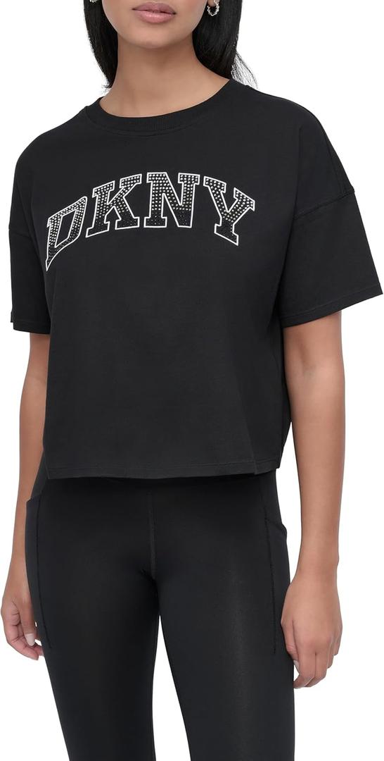 DKNY womens Rhinestone Logo Short Sleeve Cropped Loose Fit T-shirt (Large, Black/White/Silver)