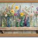 Wood Framed Farmhouse Plants Flowers Wall Art Wildflowers Colorful Glass Bottles Wall Decor Rustic Wildflower Poster Print Artwork for Bathroom Living Room Bedroom Study Room Home Decoration, 24"L x 16"W