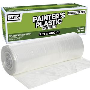 Painter's Plastic Film Heavy Duty 0.39 mil, 400' Length x 9' Width High, High Density Painters Plastic Sheeting Roll in Box with Dispense Hole for Easy Paint Plastic Covering (1 Pack)