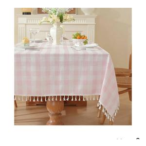 Gingham Tablecloth Rectangular, Tassels Checkered Table Cloth Washable Cotton Linen Plaid Table Cover for Spring Summer Kitchen Dining Party,Pink and White,55x70