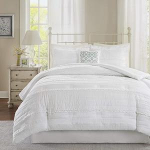 5 Piece White Solid Ruffled Stripes Pattern Comforter Queen Set, Beautiful Stylisg ruched Horizonral Stripe Design, Boho Shabby Chic Print, Reversible Bedding, Classic French Country Style, Unisex