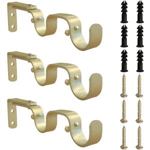 Heavy Duty Curtain Brackets, Fits up to 1 Inch Rods, Adjustable Double Curtain Holders, Set of 3, Gold