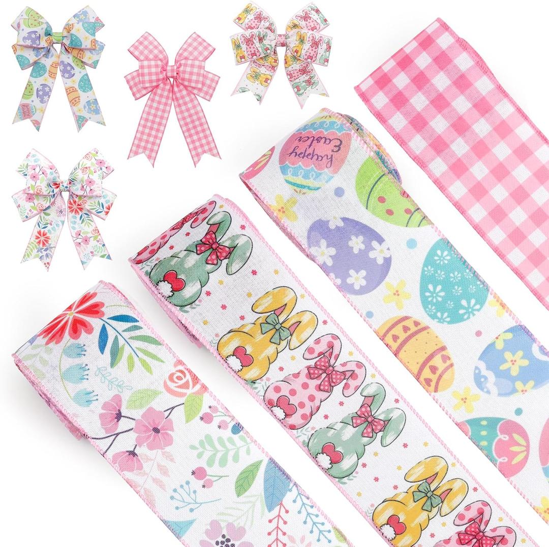4 Rolls Pink Wired Ribbon for Crafts 2.5 Inch 20 Yards Pink Gingham Ribbon Easter Eggs Bunny Flower Ribbon for Gift Wrapping Holiday Party Decoration Wreath Flower Bouquet Easter Bow