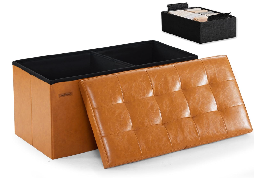 HAUSFRAU Ottoman with Storage Bench Folding Foot Rest Stool Cognac Brown