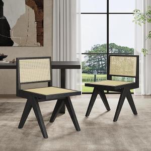 Christopher Knight Home Loftia Dining Chairs Set of 2, Rubberwood Dining Chair, Breathable Rattan Backrest and Seat, Wooden Armless Chair for Dining Room Living Room Cafeteria, 300lbs 20.25" Black