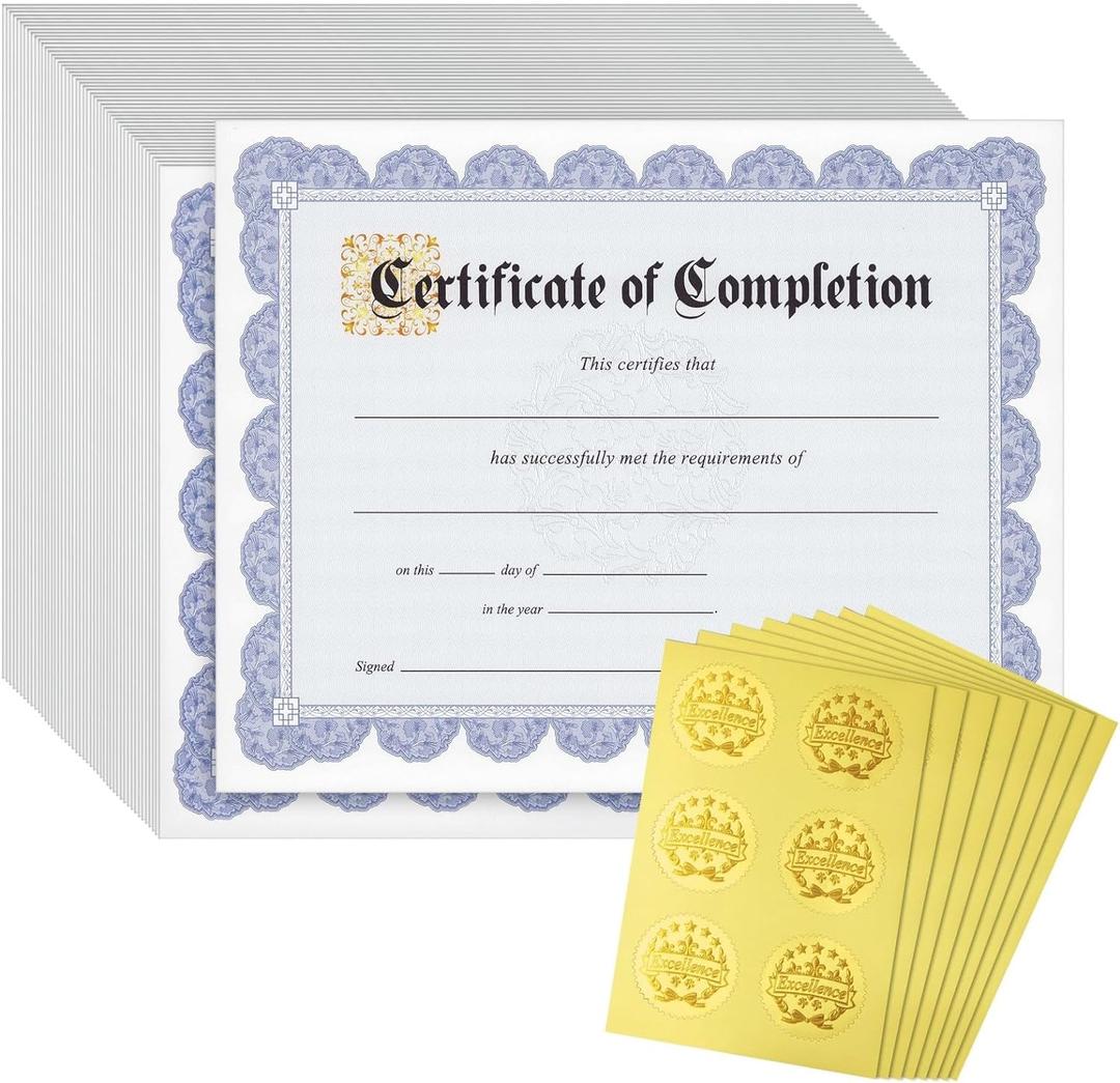 Certificate of Completion Paper Sheets - 8.5 x 11 in, Blue Floral Border & Gold Foil Seals, 48 Count - Award Certificate Paper for Printing & Student Recognition