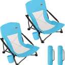 TOBTOS Low Beach Chair, Beach Chairs for Adults 2 Pack, Low Profile Folding with Cup Holder & Carry Bag, Heavy Duty Chair for Outdoor Sand, Camping, Concert, Travel