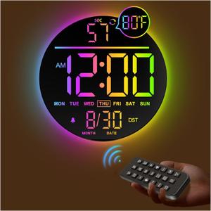 JALL 10" Large Digital Wall Clock with Seconds, Alarm Countdown Timer, Big LED Display, RGB Color, DST, Temperature, Mounted for Bedroom Living Room Office Classroom Gym, Xmas Birthday Gift, RGB