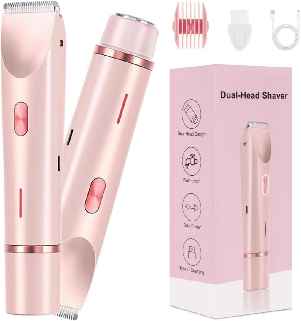 Bikini Trimmer for Women,2 in 1 Dual Head Bikini Shaver & Body Shaver,Cordless & Waterproof Electric Bikini Trimmer for Women, Painless Hair Removal with Silky Glow Finish,Pink3