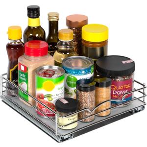 Pull Out Cabinet Organiser for Spices, Cans - Heavy Duty - Pull Out Spice Rack- Cabinet Pull Out Shelf for Cans,Dishes, Etc, 10"W x 10"D x 2-1/8 H, Chrome