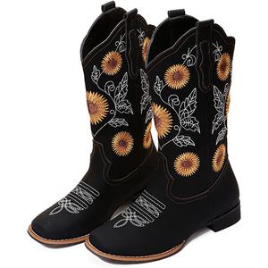 gloryinterest Cowboy Boots for Women Mid Calf Cowgirl Western Boots Sunflower Embroidery Stitched Square Toe Low Heel Black Brown Yellow US6-10.5, Black, 44