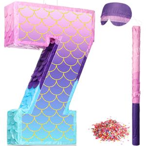 Shappy 16 Inch Mermaid Piata Purple Number Birthday Piata Party with Stick Blindfold Confetti for Anniversary Celebration Birthday Decoration Supplies(Number 7)