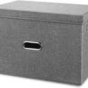 Large Linen Fabric Foldable Storage Bins with Removable Lid and Handles, Washable Storage Box Organizer Containers Baskets Cube with Cover for Bedroom,Closet,Office,Nursery (Grey, XXL)