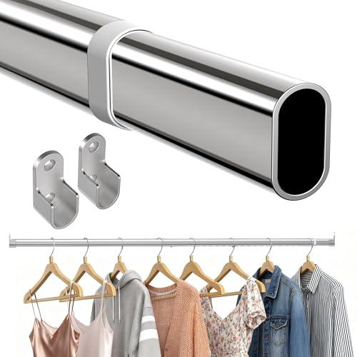 NBIHRIG Oval Closet Rod 18-52 Inch, Adjustable Expandable Closet Rods for Hanging Clothes with End Supports, Silver Heavy Duty Rust Proof Wardrobe Rod & Bar for Laundry Room & RV
