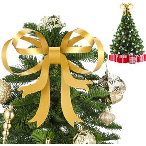 Daifunli 1 Pcs Large Christmas Metal Bow Tree Topper Ornaments with Clip Christmas Bow Decoration for Xmas Tree Topper Garland Wreath Indoor Outdoor Decor, 10 x 12''(Stylish,Gold)