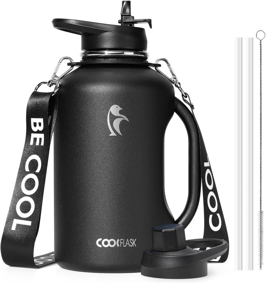 Half Gallon Water Bottle with Handle, Coolflask 64 oz Insulated Stainless Steel Water Jug Metal Double-Walled Vacuum Large Flask With Strap Straw Leakproof, Keep Cold 48 Hrs Hot 24hrs, Magic Black