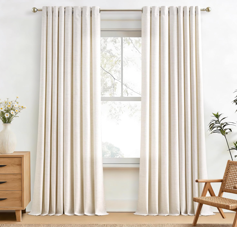 Seeluck 102 Inch Curtains 2 Panels Natural Linen Ivory Cream Flax Burlap Light Filtering Semi Sheer Drapes Privacy Boho Farmhouse Large Window Curtain for Bedroom 52x102