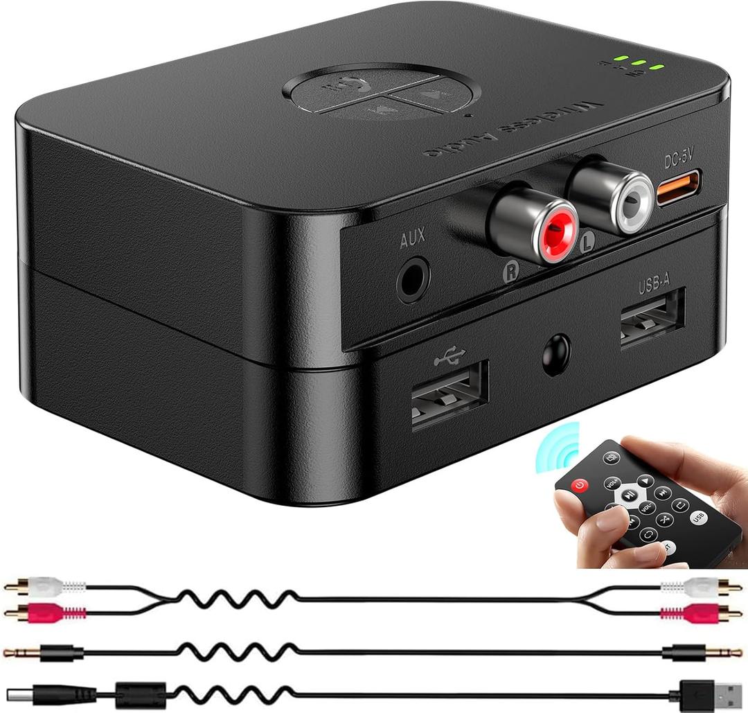 Bluetooth 6.0 Receiver for Home Stereo, Bluetooth Audio Adapter for HiFi Music Streaming, Wired Speakers, USB Flash, with AUX 3.5mm/RCA, Dual Link, 32 ft Long Range, Low Latency and HD Audio