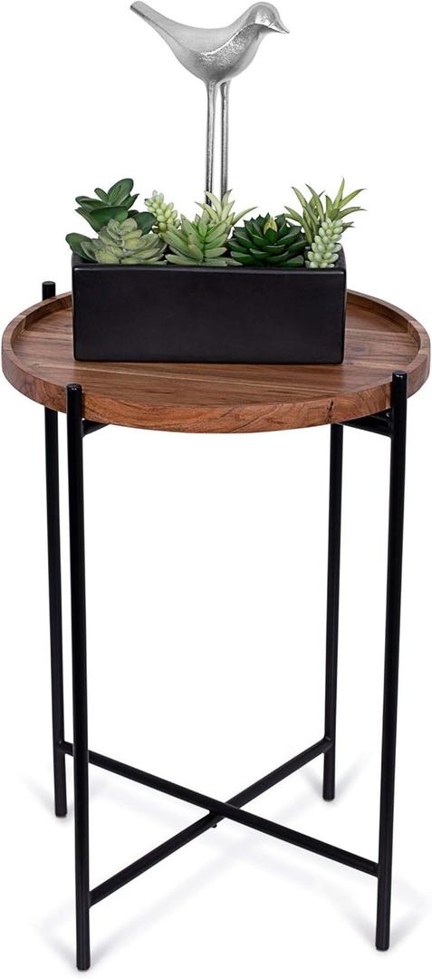 BIRDROCK HOME Folding Side Table with Removable Wood Tray - Modern Accent, Foldable End Table for Living Room, Bedroom - Portable Serving Tray for Decoration, Coffee, Drinks & Food - Natural Acacia, 16 x 16 x 22