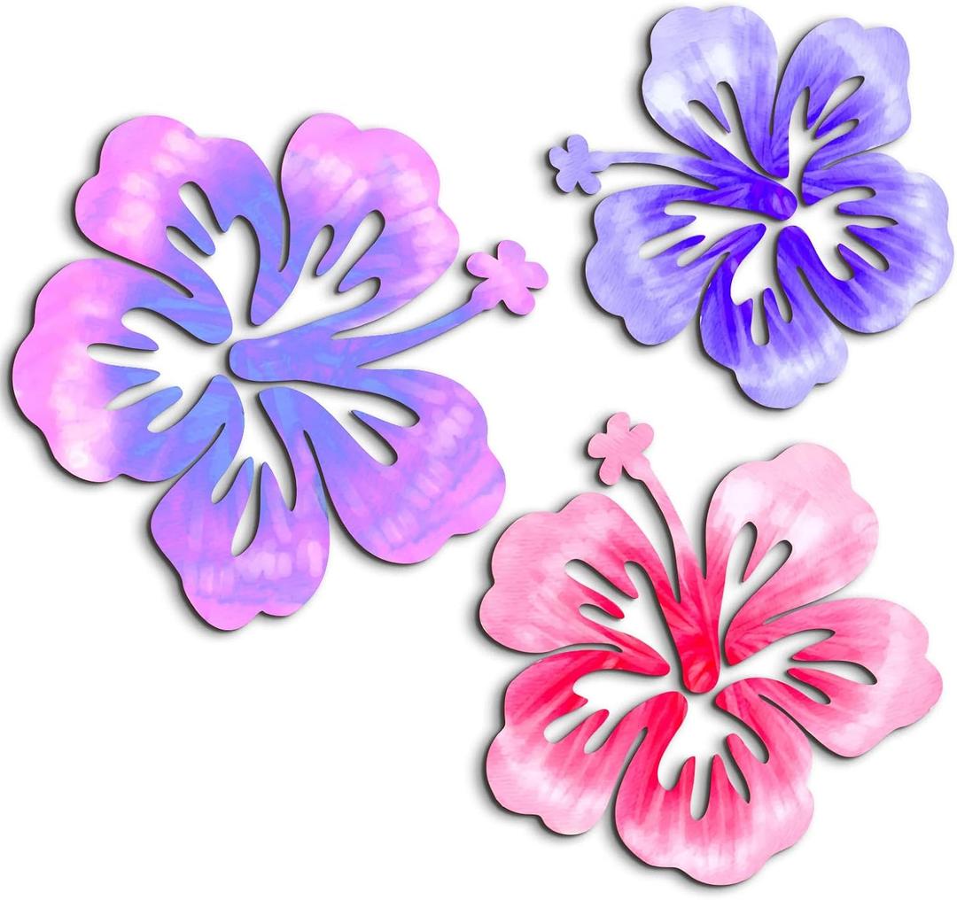 VGICH Hawaiian Wood Hibiscus Wall Art 3 Pcs, Rustic Tropical Flower Wall Decor, Vintage Tropical Plant Plaque for Home Bathroom Office