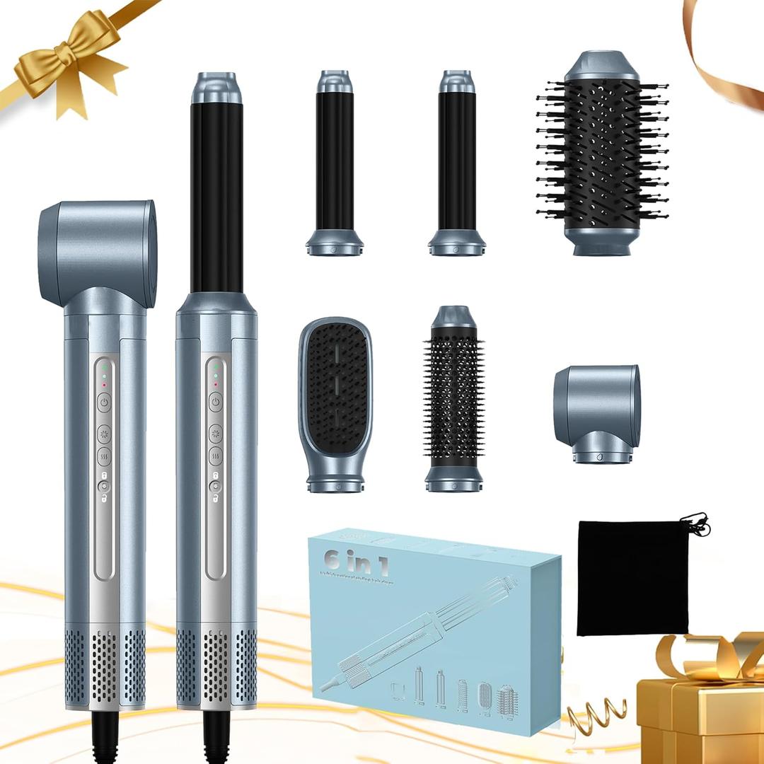 Hair Dryer Brush,Blow Dryer Brush with Attachments,110000 RPM Curly Twist 6 in 1 Air Style, Professional Ionic Hair Styling Tool, Left & Right Air Curler, Volumizer (Blue Gold)