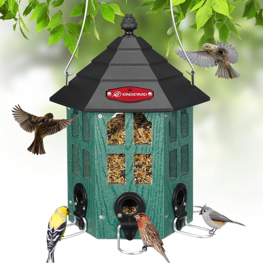 Kingsyard Large Bird Feeder Weatherproof, Squirrel-Resistant Outdoor Hanging Feeders, Recycled Plastic Hopper 3.5 lb Seed Capacity 6 Ports U-Shape Metal Perch Mesh Bottom, Green