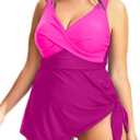 Daci Plus Size One Piece Swimsuits for Women Flowy Asymmetrical Hem Swim Dress with Shorts Built in (Pink Patchwork)
