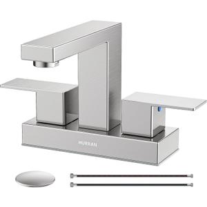 Bathroom Sink Faucet, Hurran 4 inch Brushed Nickel Bathroom Faucets for Sink 3 Hole with Pop-up Drain and Supply Lines, Stainless Steel 2-Handle Lead-Free Faucet for Vanity RV Restroom