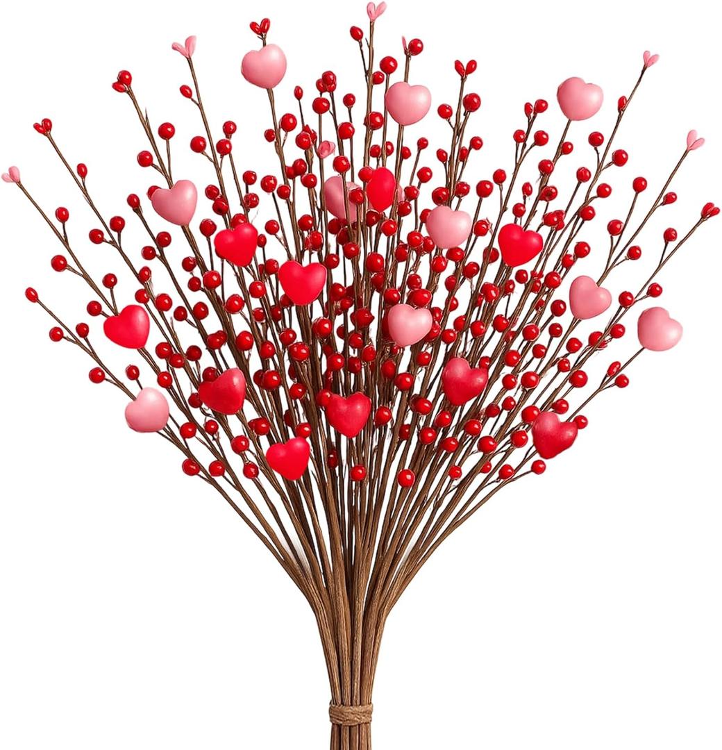 6 Pack Day Mother's Decoration, Artificial Flower Picks Pink Red Heart Shaped Berry Stems for Mother's Day, Faux Berry Branches Decoration for Home Wedding Candlelight Dinner Anniversary Party Decor