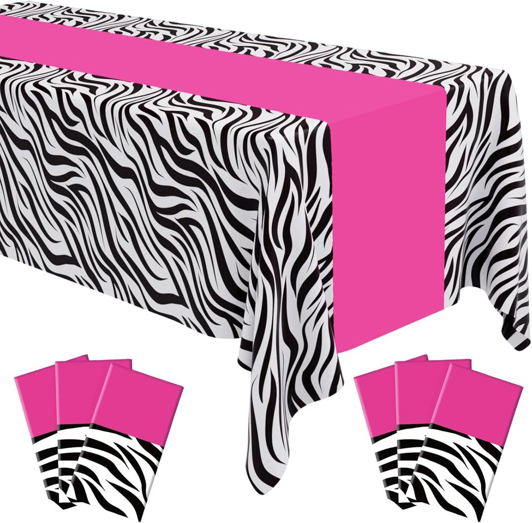 Buryeah 3 Pcs Zebra Tablecloth Zebra Print Plastic Table Cloth Disposable Tablecloth Animal Safari Table Cover 54 x 108'' for Baby Shower Wedding Birthday Party Decorations Supplies (Hot Pink B)