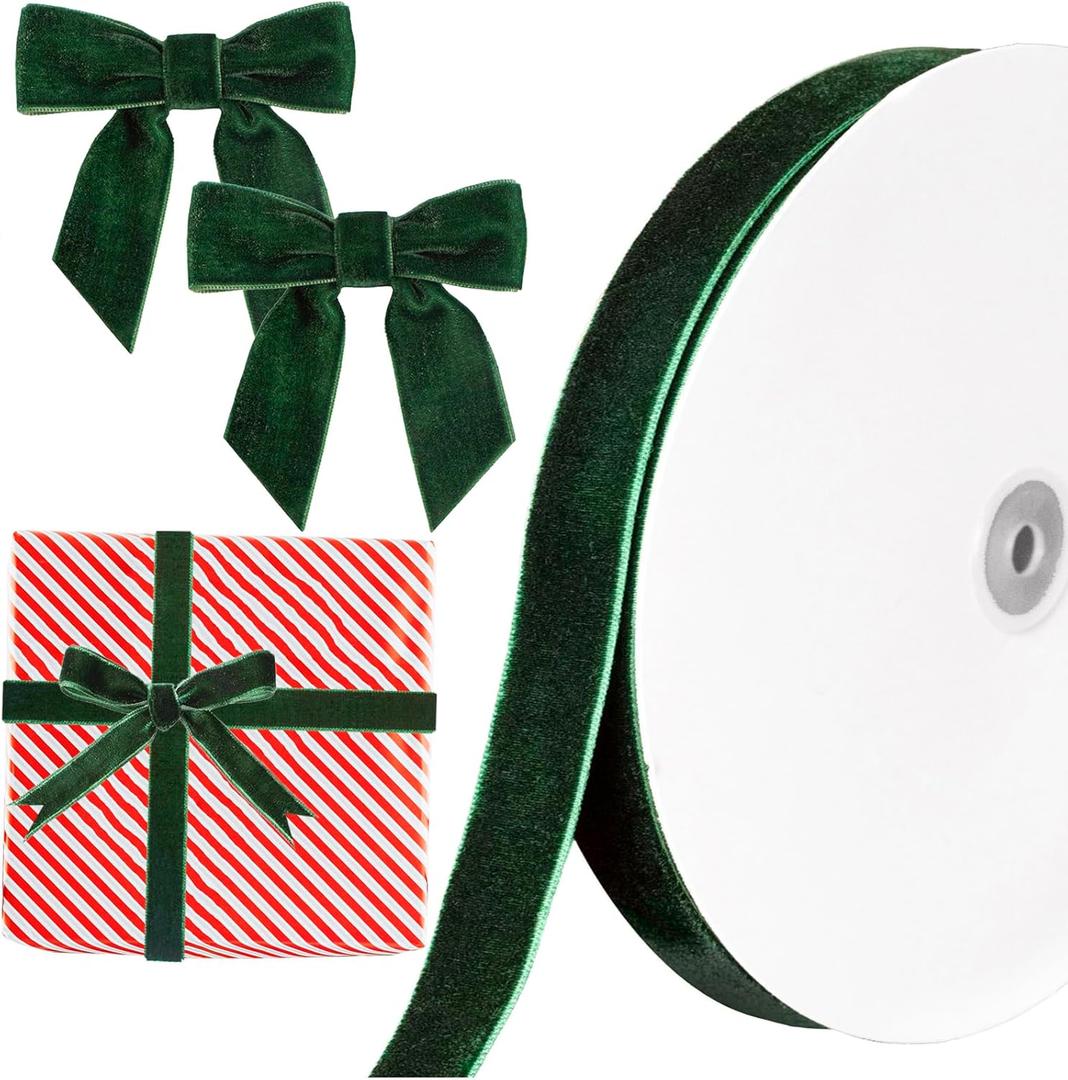 Christmas Dark Green Velvet Ribbon, 1 Inch x 30 Yard Vintage Single Face Spool Satin Velvet Ribbon for Christmas Wreath Decoration DIY Bow Craft Gift Wrapping Wedding Ornaments Party Home Decor