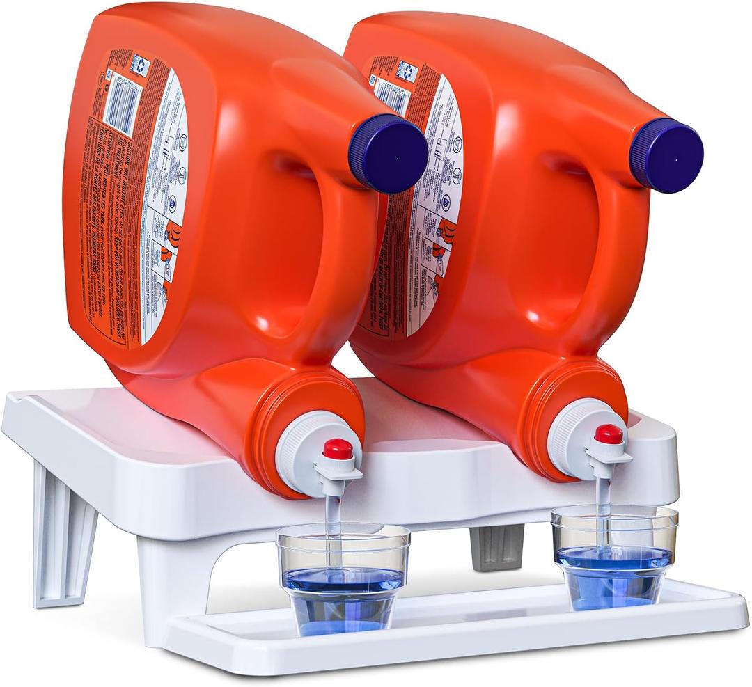 Skywin TidyFriend Detergent Holder Shelf for Laundry Room - Holds 2 Liquid Soap Dispenser, Laundry Soap Station Organizer, Detergent Stand with Drip Catcher Drip Tray Storage Organization (White)