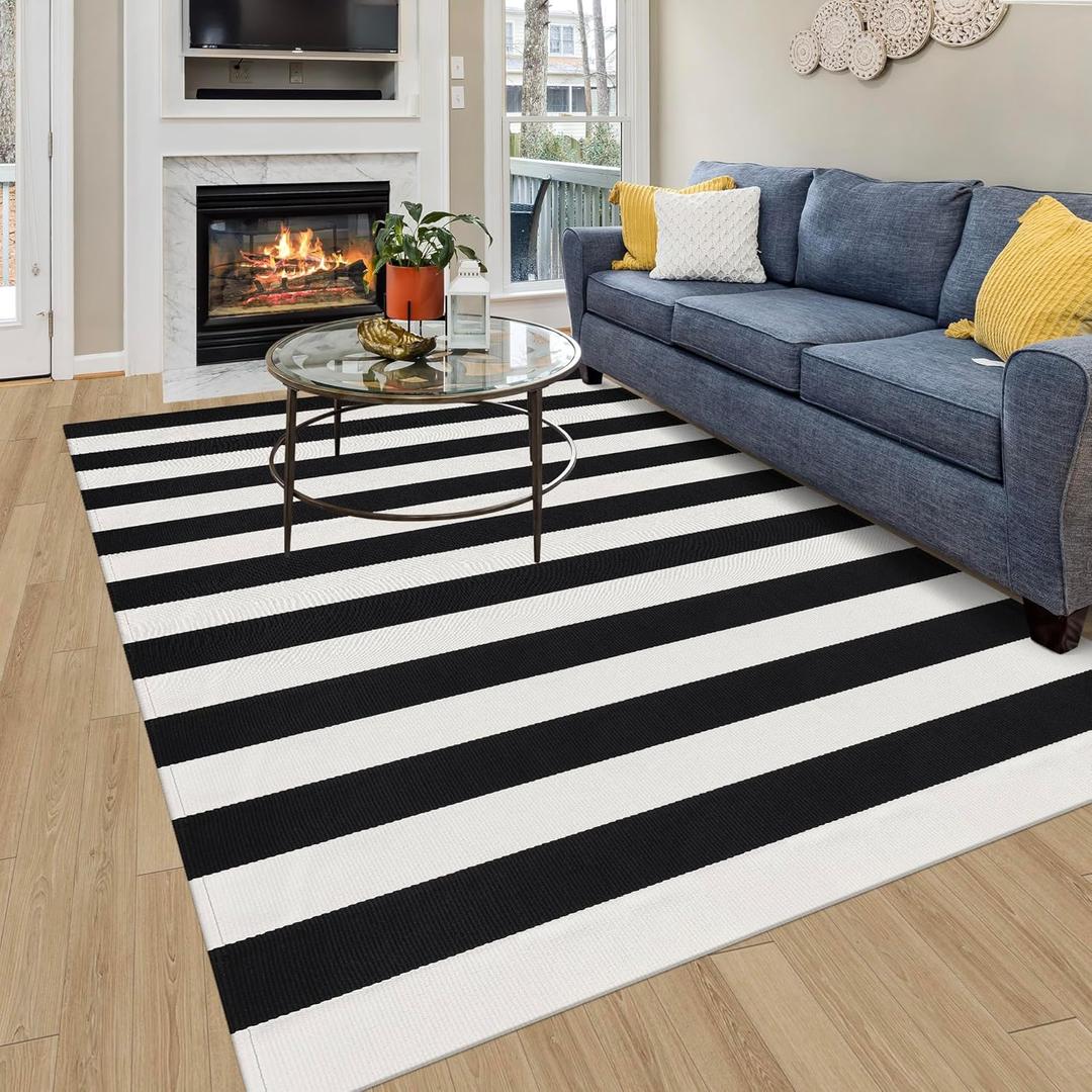 Black and White Striped Rug 4x6 Cotton Woven Farmhouse Indoor Outdoor Area Rug Washable Front Porch Decor Carpet for Living Room Bedroom Dining Room Patio