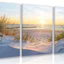 IAFWZX Framed Blue Beach Sunset Wall Art, Bright Ocean Seascape Wall Decor, Sun Sand Dunes Sea Grass Canvas Paintings, Nature Coastal Landscape Poster Prints for Bedroom Living Room 16"x24"x3