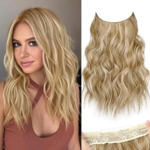 KooKaStyle Invisible Wire Hair Extensions with Transparent Wire Headband Adjustable Size 4 Secure Clips Long Wavy Hairpiece for Women(Beige Blonde mix Lvory Blonde Highlights16inch)