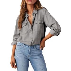 Astylish Women Button Down Denim Shirts Casual Long Sleeve V Neck Chambray Blouse Top (Gray, M)