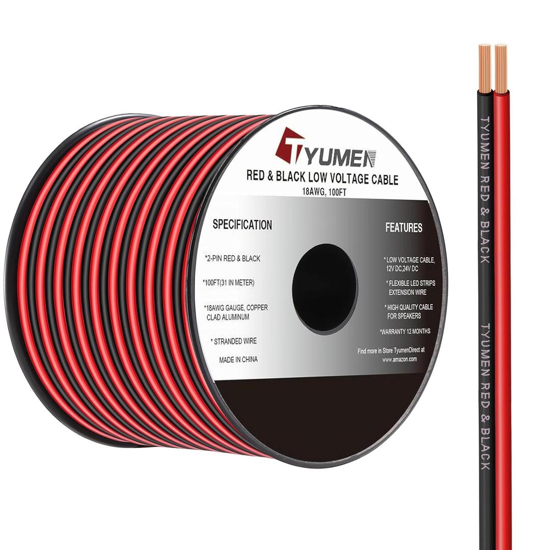 18 Gauge Wire 100FT, 18/2 AWG Red Black Hookup Electrical Wire LED Strips Extension Cord 12V/24V DC Cable, 18AWG 2 Conductors Flexible Wire for LED Ribbon Lamp Tape Lighting