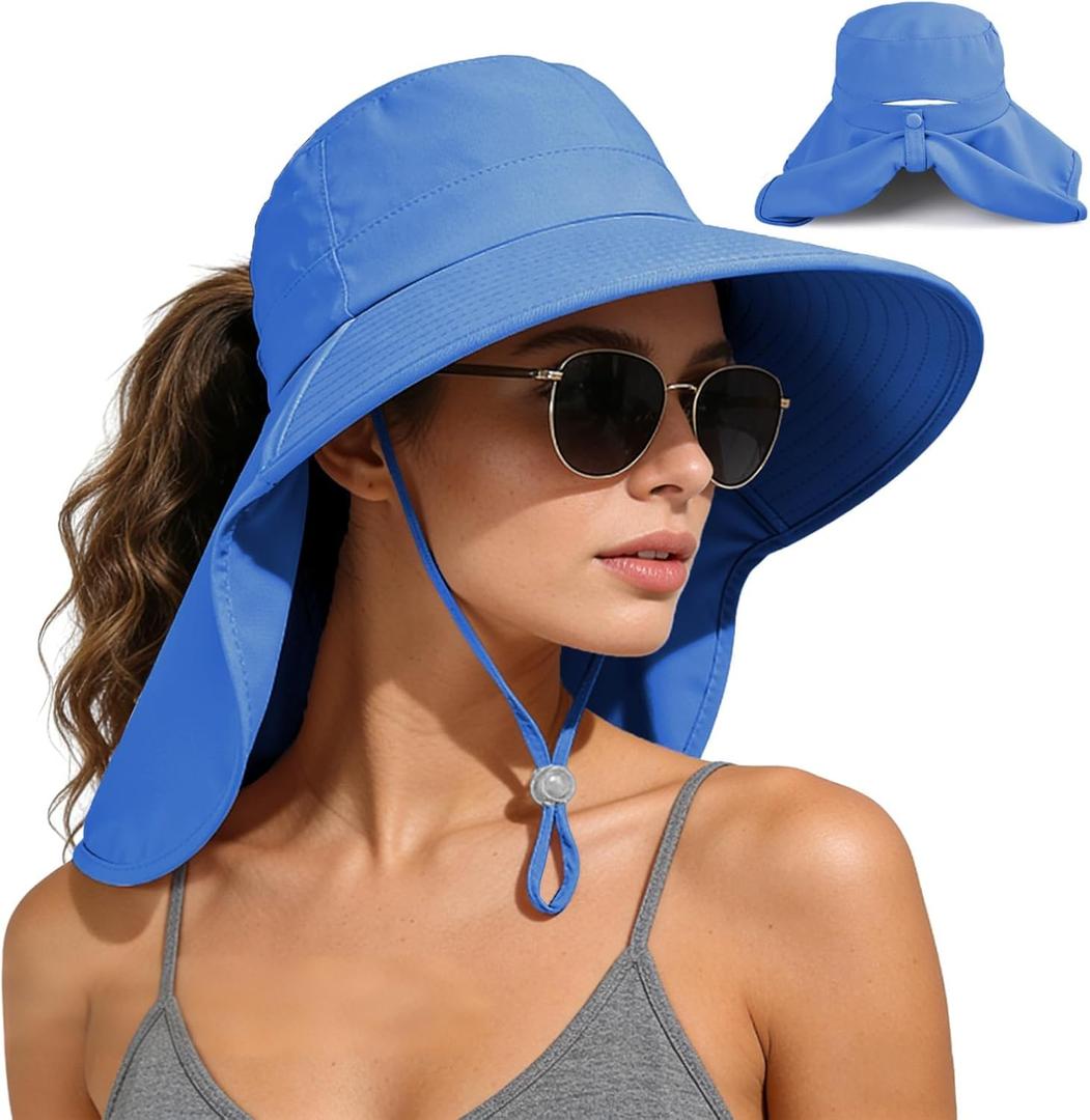 Ruqizhi Sun Hats for Women with Neck Flap Ponytail Hole Women Sun Hats Rollable UV Protection Fishing Hats Wide Brim UPF 50+