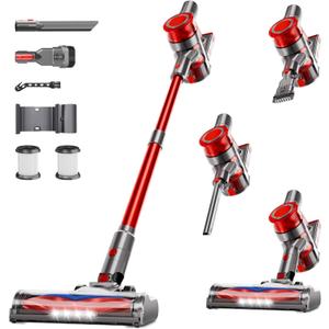 Cordless Vacuum Cleaner, Powerful Stick Vacuum Cleaner for Home with Rechargeable Battery, 6-in-1 Lightweight Handheld Vacuum, 45 Mins Runtime for Hardfloor & Carpets Pet Hair (red)