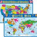 Patelai 2 Pcs Educational Placemats Learning Kids World Map United States Map Placemats Washable Reusable Non Slip for Nursery Homeschool Kindergarten Classroom Supplies