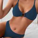ZAFUL Women's Sexy Triangle Bikini Set O Ring Linked Two Piece Swimsuits Textured Ruched Cheeky Bathing Suit (Blue, M)