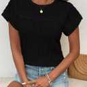 SKVON Womens Tops Casual Scoop Neck Short Sleeve Embroidered Lace Hollow Out Shirts Loose Tunic Knit Boho Blouses (Black, XXL)