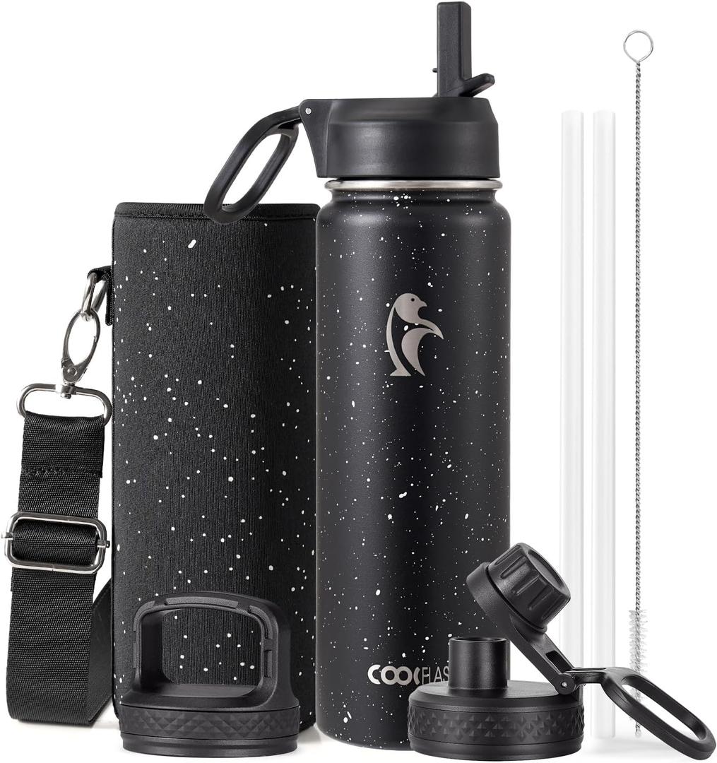 Coolflask Water Bottle 24 oz Insulated with Straw, Stainless Steel Metal 3 Lids Water Flask Wide Mouth for Sports or Office, Non-BPA Keep Cold Up to 48 Hrs or Hot Up to 24 Hrs, Starry Night