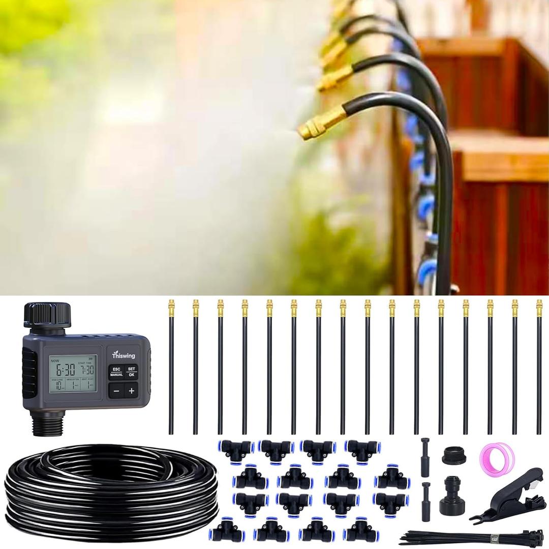 Thiswing 360 Adjustable Drip Irrigation System - 50 FT Garden Watering System with 16 Nozzles & Water Timer, Raised Bed Sprinkler System, Garden Mister for Yard, Lawn, Plants, 5/16" Tubing