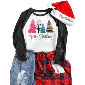 Merry Christmas Tree Shirts for Women 3/4 Sleeve Raglan Baseball Tee Funny Festival Tops (Large, Deep Grey)