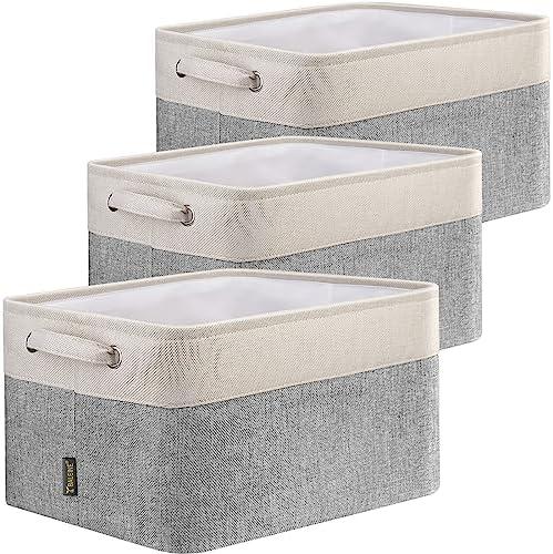 BALEINE 3 Pack Fabric Storage Bins for Shelves, Linen Storage Baskets for Organizing, Decorative Closet Bins for Clothes, Home (Grey, 15"x11"x9.5")
